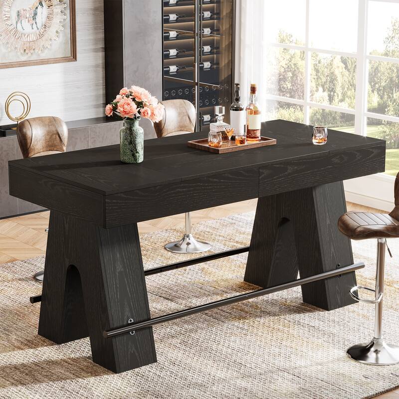 63" Counter Height Bar Table, Wood High Top Kitchen Pub Table with ...